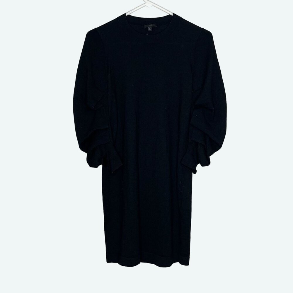 COS‎ Black Wool Crew Neck Shift Dress Layered Balloon Statement Sleeves Size XS